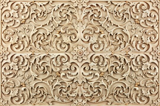 Detailed three dimensional wall panel with carved wooden relief featuring symmetrical acanthus leaves, floral scrolls, and small golden spheres