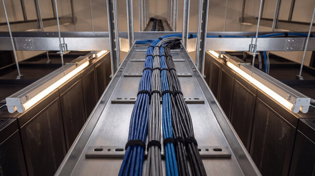 Neatly organized blue and black network cables running along a metal tray in a modern data center server room.
