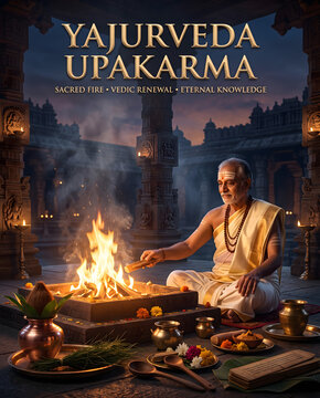 Yajurveda upakarma vedic ritual ceremony with priest performing sacred fire with Spirituality