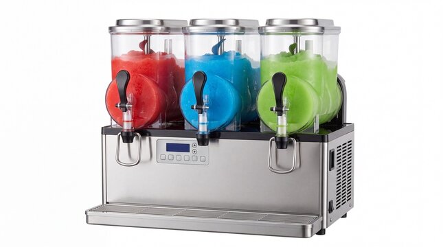 Triple slushy machine with red blue and green frozen beverages displayed clearly on white background
