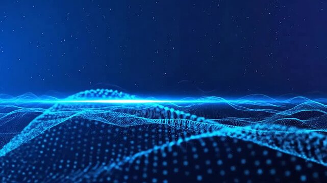 Abstract blue digital waves flowing across a dark starry background