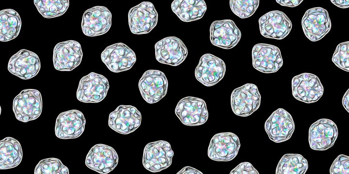 Seamless repeating pattern of iridescent holographic transparent irregular bubble shapes on black background creates modern abstract futuristic decorative texture