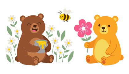 Cute Bear Cartoon Character Set with Brown Bear Eating Honey from Pot and Golden Teddy Holding Flower for Children Book Vector Illustrations