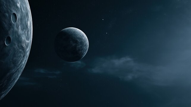 Two cratered rocky planets floating deep in dark starry outer space creates dramatic cosmic science fiction landscape with moody deep blue space tones