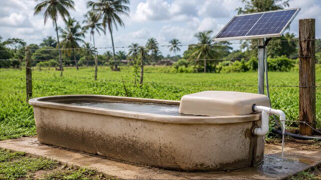 Solar-Powered Livestock Drinking Trough with Protected Float Valve Cover