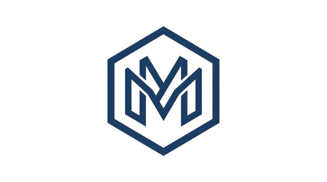 Minimal geometric letter M logo enclosed in a hexagonal outline, featuring a clean navy blue line design on a white background. Suitable for modern branding, corporate identity, technology, and busine