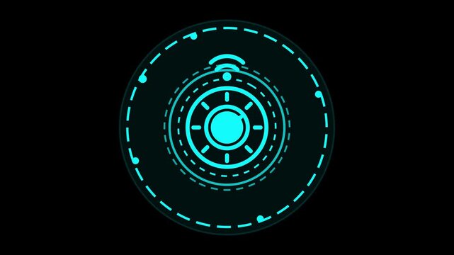 Glowing turquoise futuristic HUD circle element animation sequence in 4K resolution 60fps, high tech digital sci-fi user interface background