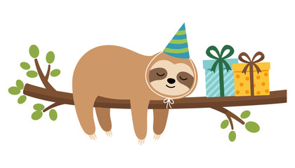 Obraz premium Cute Birthday Sloth Cartoon Character Sleeping on Tree Branch Wearing Party Hat Next to Gift Boxes for Holiday Invitation Card Vector Illustrations