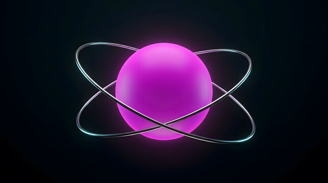 Glowing magenta sphere with metallic orbital rings, 3 d rendered atomic structure on a dark background, science and physics concept