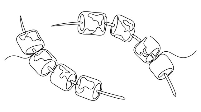 Continuous line drawing of sweet marshmallows on skewers, perfect for camping, bonfires, and delicious dessert treats.