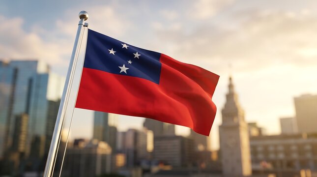 Samoa national flag waving on silver flagpole against blurred city skyline at sunset golden hour