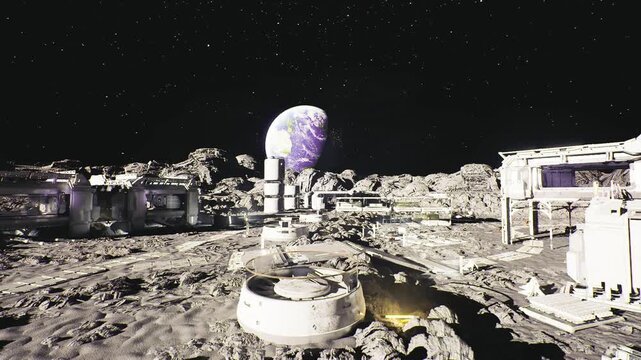 Moon mining site illuminated by stars, heavy excavators and drill towers, conveyor shadows over crater rim, ore containers and robotic shuttles, bright