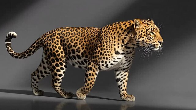 Spotted leopard walking against dark studio background.