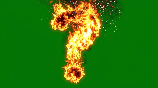 Fiery question mark burning brightly on a solid green background in 4K