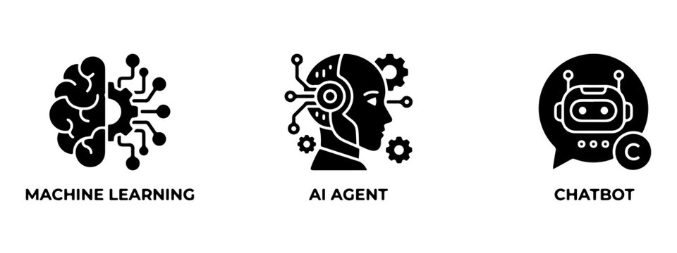 Machine learning artificial intelligence agent and chatbot icon set