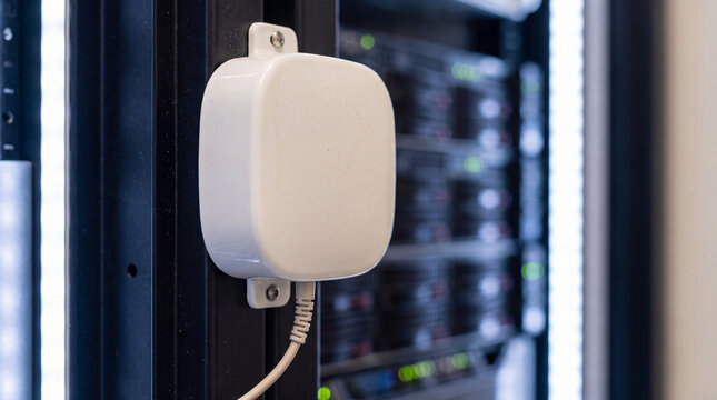 White, rounded sensor device with a power cable attached, meticulously mounted on a server rack in a modern data center.