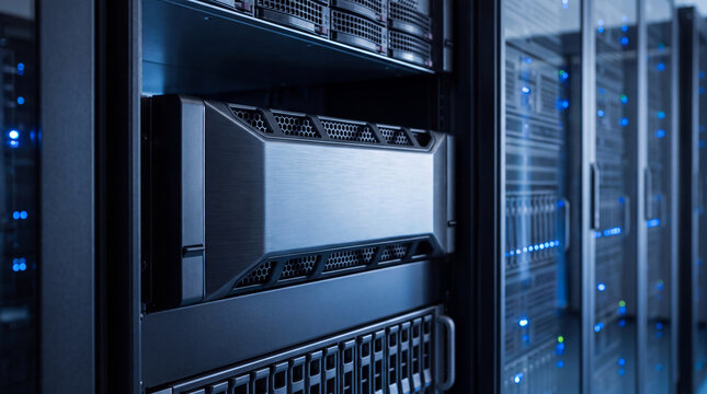 Advanced server unit being installed in a rack, showcasing sleek design and robust hexagonal ventilation in data center.