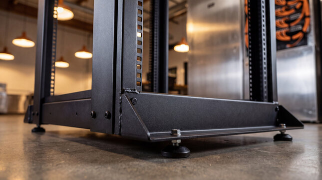 Robust black server rack base with adjustable leveling feet on a concrete floor, symbolizing stability in data centers.