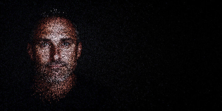 Digital ID Portrait of Man with Face made up of Computer code. Data privacy Concept with copy-space.