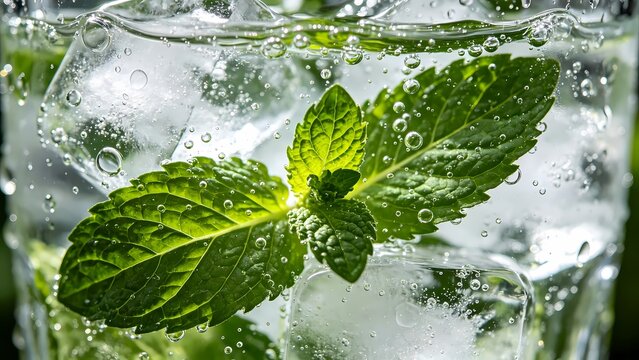Close Up of Mint Leaves in Sparkling Water with Ice Cubes