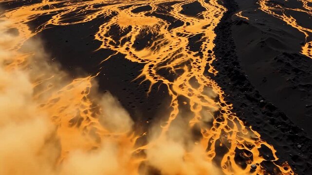 Aerial view of golden river-like patterns flowing over dark volcanic sand with rising dust plumes