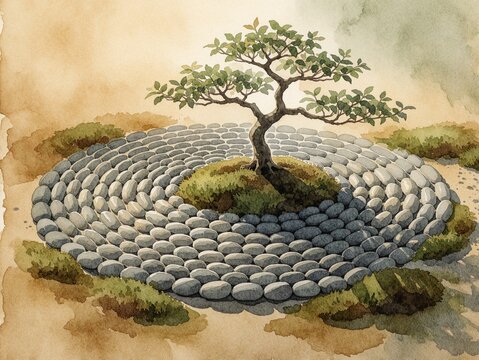 Watercolor Illustration of a Zen Garden with a Bonsai Tree and Concentric Stone Circles