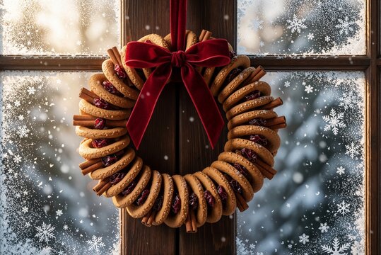 Festive Christmas Wreath Made of Cinnamon Cookies and Red Ribbon on Wooden Door