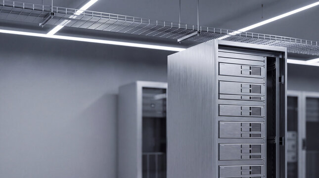 Modern server room interior with open rack, showcasing scalable IT infrastructure and advanced computing solutions.