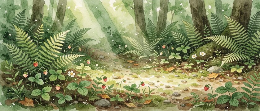 Watercolor Illustration of a Lush Green Forest Path with Wild Strawberries and Ferns