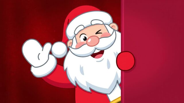 Cartoon Santa Claus winking and peeking behind red background