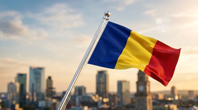 Waving flag of Romania on a silver flagpole against a blurred city skyline at sunset