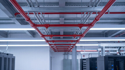 Bright red fire suppression system pipes and white linear lighting fixtures mounted on the ceiling of a modern data. © Christine