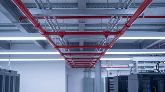 Bright red fire suppression system pipes and white linear lighting fixtures mounted on the ceiling of a modern data.