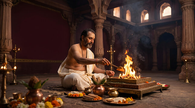 Hindu priest performing traditional yajna ritual with sacred fire in ancient temple