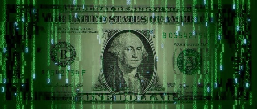 Digital Currency Concept with One Dollar Bill made from Animated Numbers and Symbols. Futuristic Banking Background.