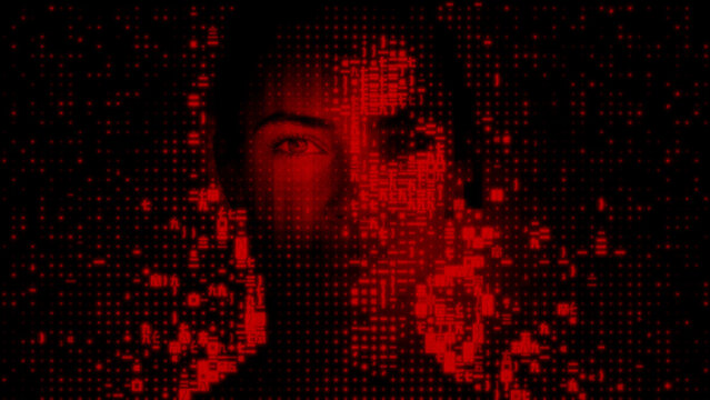 Digital Face formed from Encrypted Code. Synthetic Identity Fraud Concept.