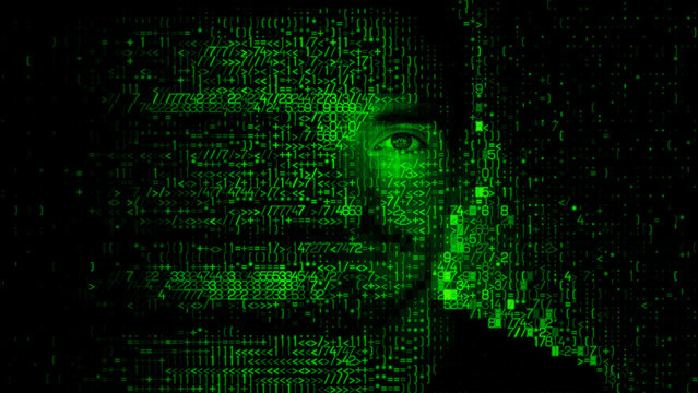 Male Face made of Machine Data, representing Online Identity Concept.