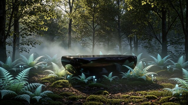 Mystical Forest Podium with Glowing Plants and Foggy Atmosphere for Product Display