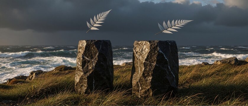 Surreal Composition of Floating Silver Fern Leaves Above Dark Stones by Stormy Ocean