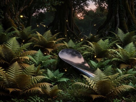 Mystical Black Marble Podium Surrounded by Lush Ferns in a Magical Dark Forest