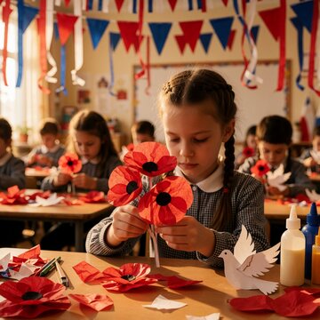 Elementary School Students Making Red Poppy Paper Crafts for Remembrance Day Celebration