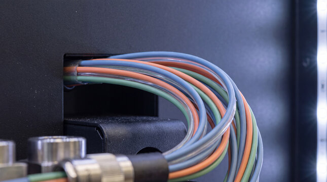 Vibrant multi-colored network cables neatly bundled, emerging from a server rack for efficient data management.