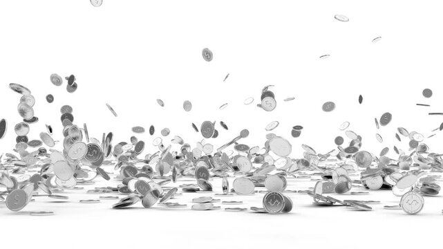 Silver coins rain down, bounce, and spread into a growing layer across a clean white background in a minimal financial concept scene, 3D animation