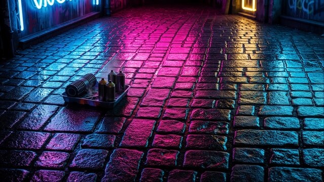Spray Paint Cans on Wet Cobblestone Street with Neon Cyberpunk Lighting