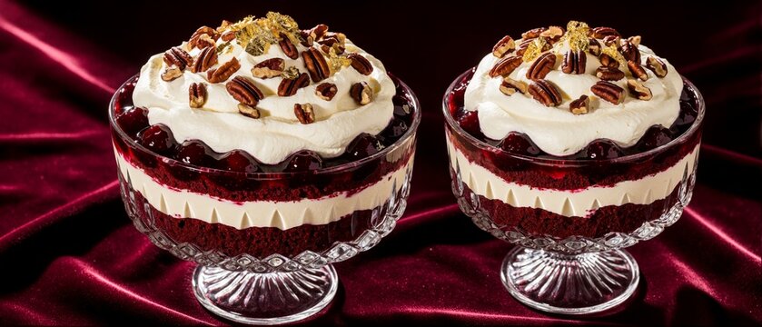 Two Elegant Red Velvet Trifle Desserts with Cream and Pecans on Red Satin Background
