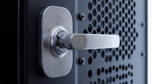 Modern silver handle on a textured black server rack door with ventilation holes, highlighting secure enclosure design