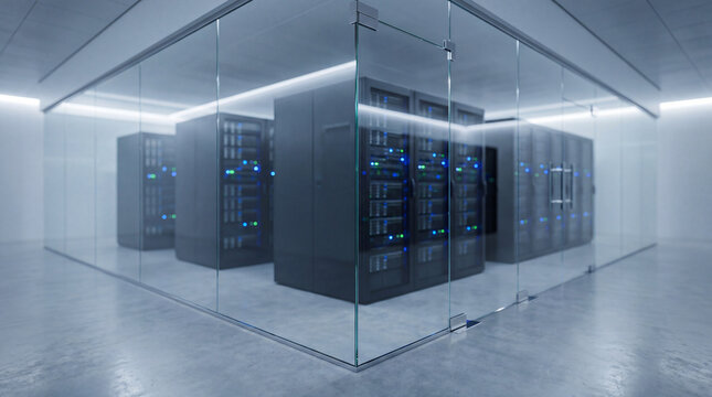 Modern 3D render of server racks enclosed in glass in a futuristic data center, emphasizing security and efficiency.