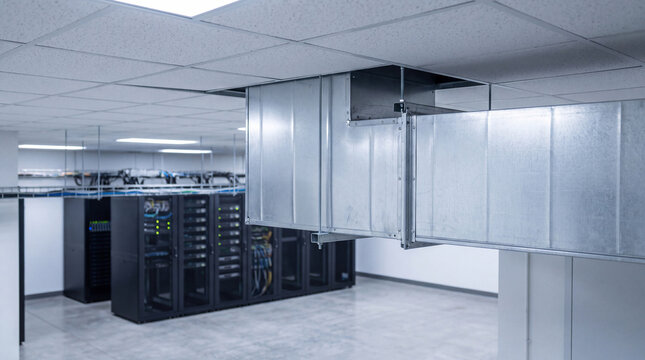 Wide angle view of a clean and modern data center room with empty server racks and industrial air ducts.
