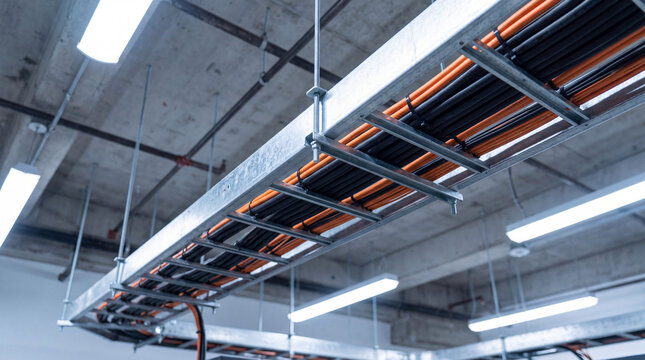 Industrial overhead cable management system with organized orange and black wires in a modern server room