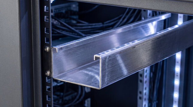 Close-up of a metal cable management tray inside an open server rack, showing organized infrastructure.